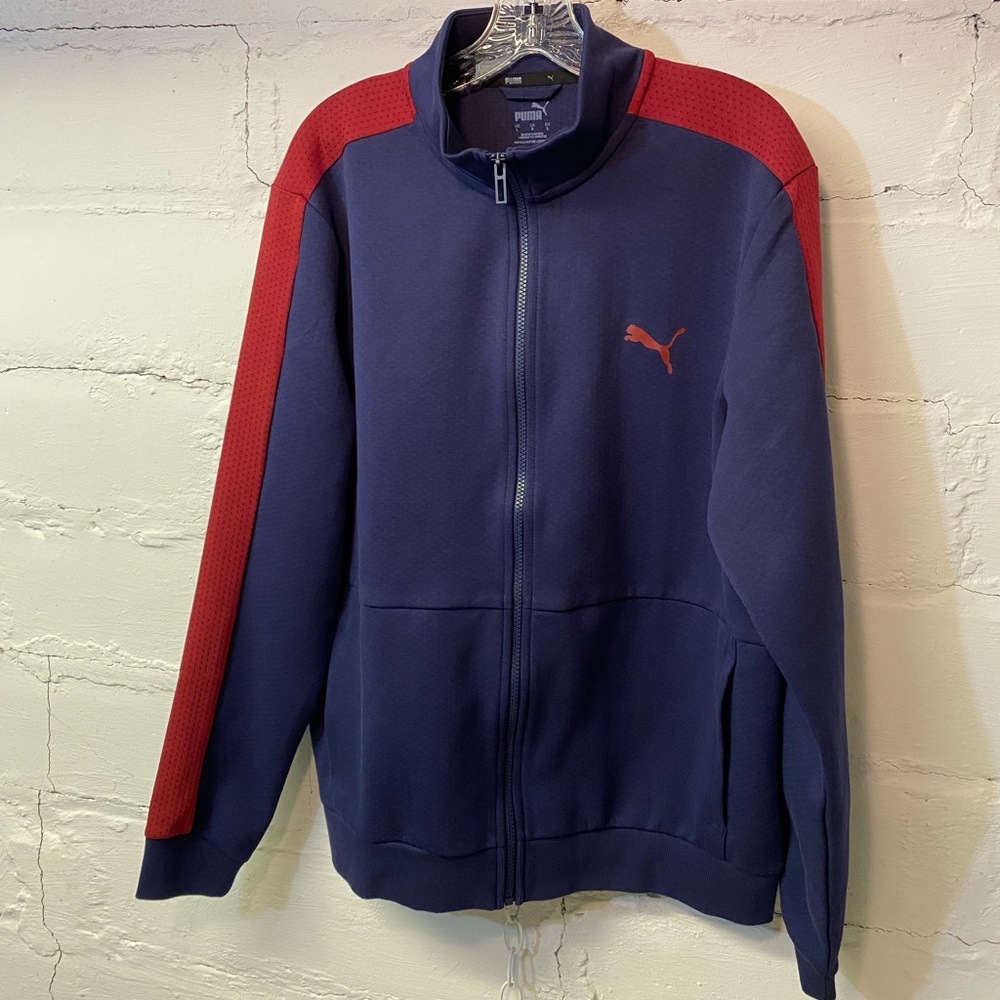 Puma Mens Zip Up Jacket Blue with Maroon mesh Stripe Along Arm Size L
